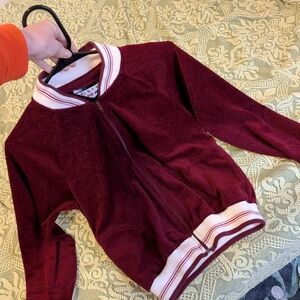 Vintage Deep Red and White Terry Cloth / Velvet Varsity Jacket